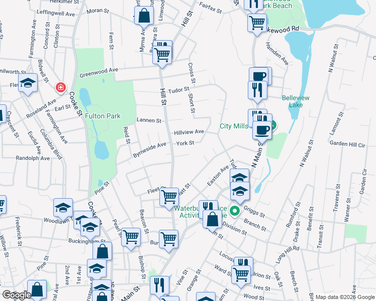 map of restaurants, bars, coffee shops, grocery stores, and more near 38 Cassidy Avenue in Waterbury