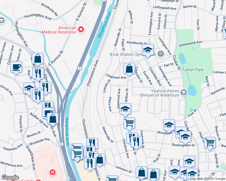 map of restaurants, bars, coffee shops, grocery stores, and more near 61 Elmwood Avenue in Waterbury
