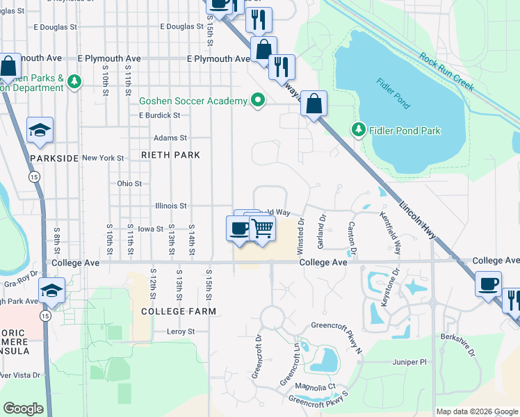 map of restaurants, bars, coffee shops, grocery stores, and more near 1408 Kentfield Way in Goshen
