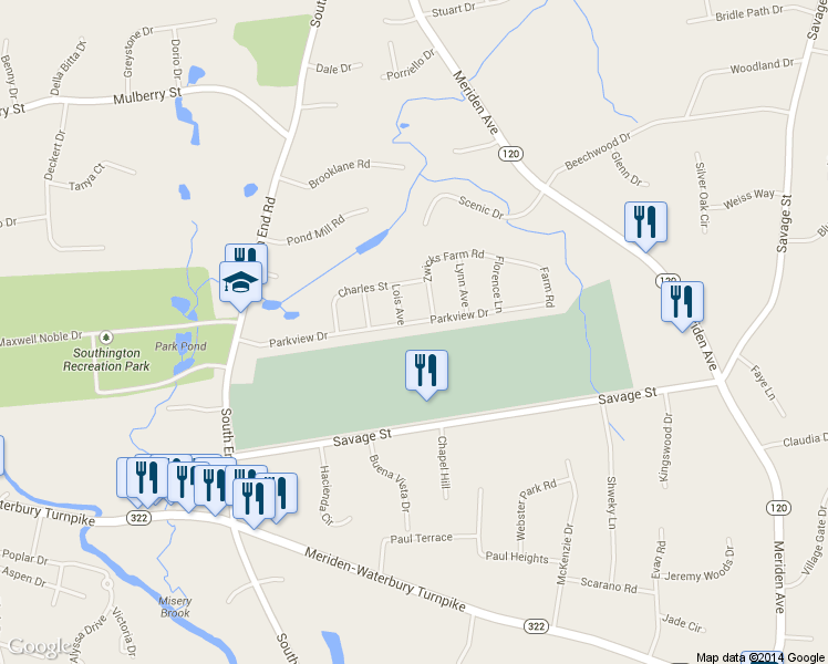 map of restaurants, bars, coffee shops, grocery stores, and more near 52 Parkview Drive in Southington