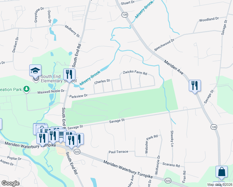 map of restaurants, bars, coffee shops, grocery stores, and more near 52 Parkview Drive in Southington
