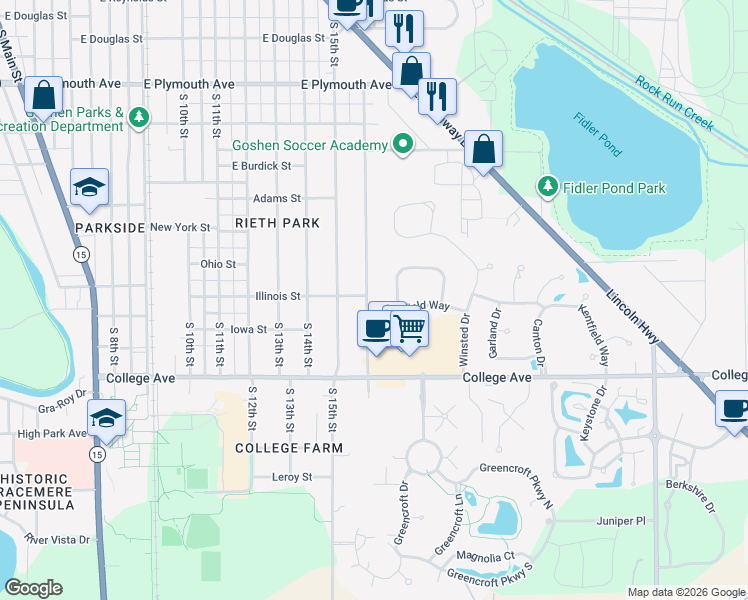 map of restaurants, bars, coffee shops, grocery stores, and more near 1504 South 16th Street in Goshen