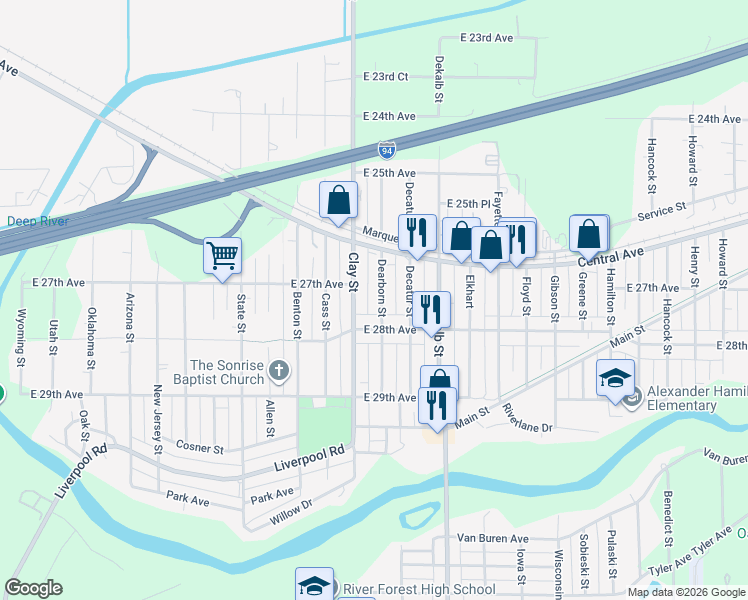 map of restaurants, bars, coffee shops, grocery stores, and more near 2712 Dearborn Street in Gary