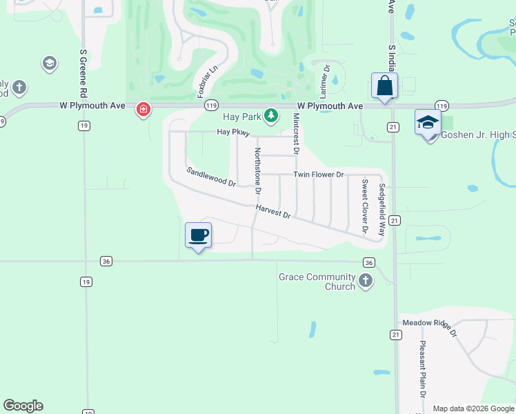 map of restaurants, bars, coffee shops, grocery stores, and more near Northstone Drive in Goshen