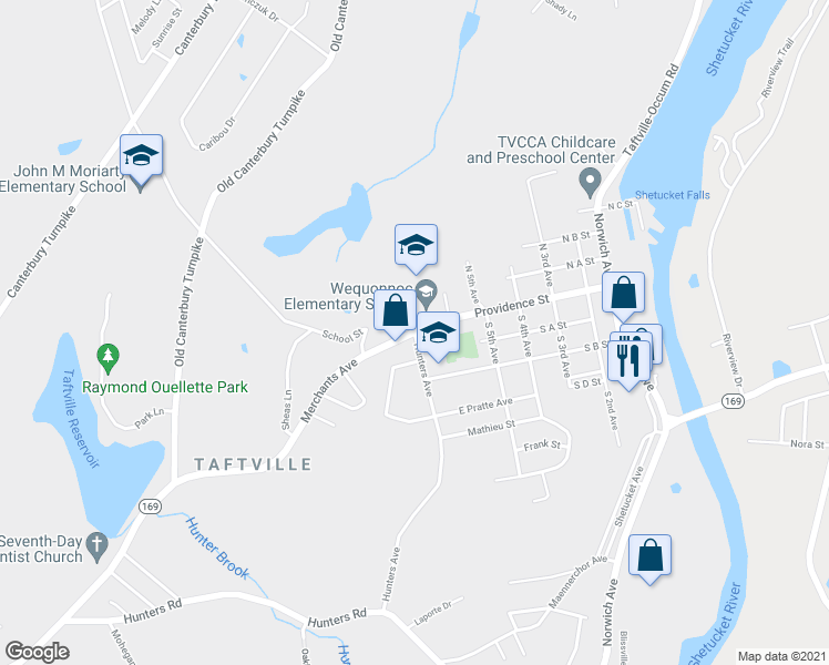 map of restaurants, bars, coffee shops, grocery stores, and more near Providence Street & Hunters Avenue in Norwich