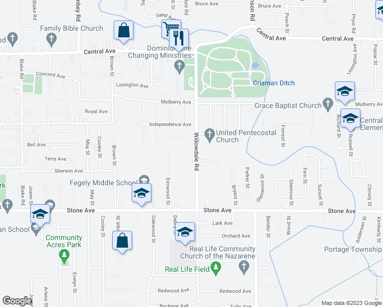 map of restaurants, bars, coffee shops, grocery stores, and more near 2868 Willowdale Road in Portage