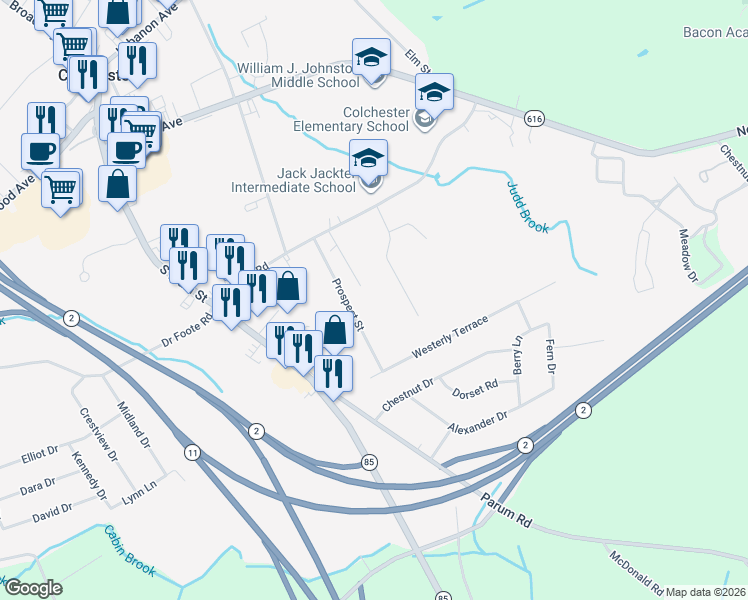 map of restaurants, bars, coffee shops, grocery stores, and more near 107 Prospect Street in Colchester