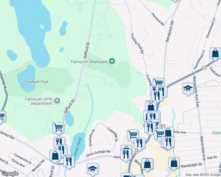 map of restaurants, bars, coffee shops, grocery stores, and more near 27 Woodview Drive in Falmouth