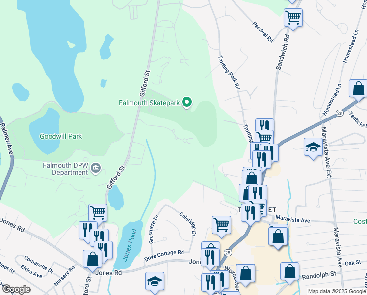 map of restaurants, bars, coffee shops, grocery stores, and more near 27 Woodview Drive in Falmouth