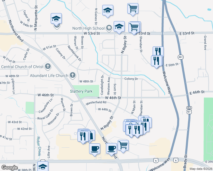 map of restaurants, bars, coffee shops, grocery stores, and more near 4625 Candlelight Drive in Davenport