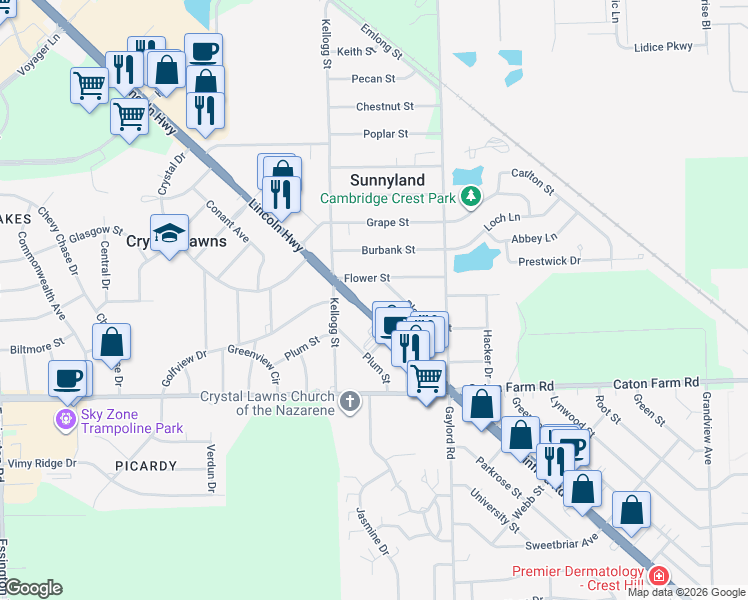 map of restaurants, bars, coffee shops, grocery stores, and more near 2442 Plainfield Road in Joliet