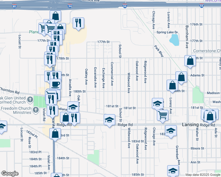 map of restaurants, bars, coffee shops, grocery stores, and more near 17954 Commercial Avenue in Lansing