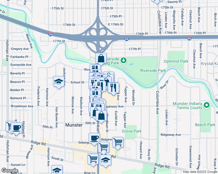 map of restaurants, bars, coffee shops, grocery stores, and more near 8005 Calumet Avenue in Munster