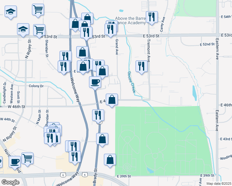 map of restaurants, bars, coffee shops, grocery stores, and more near 4600 Grand Avenue in Davenport
