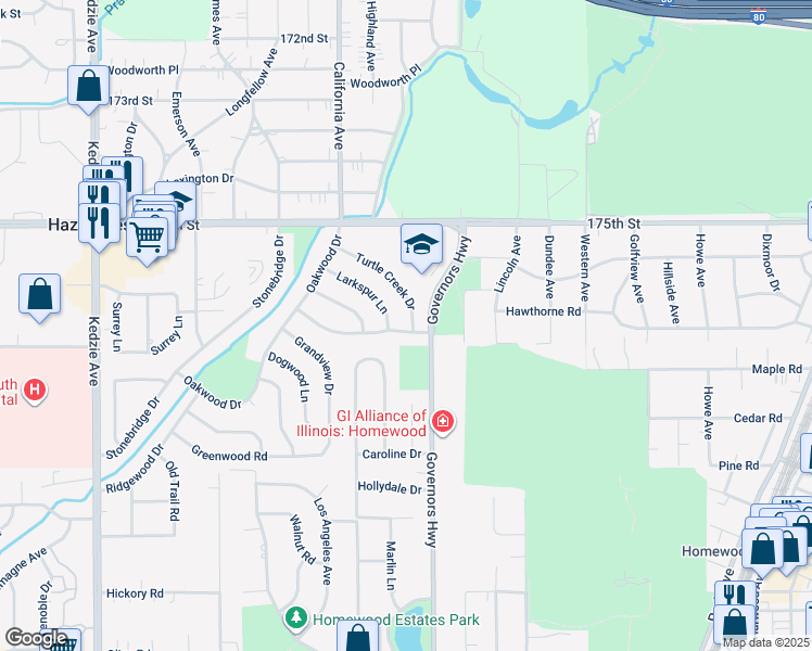 map of restaurants, bars, coffee shops, grocery stores, and more near 17713 Larkspur Lane in Homewood