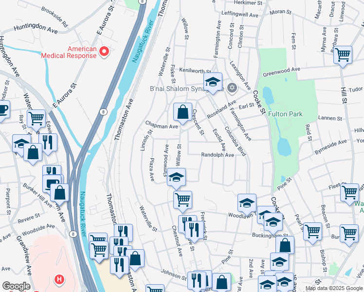 map of restaurants, bars, coffee shops, grocery stores, and more near 380 Willow Street in Waterbury