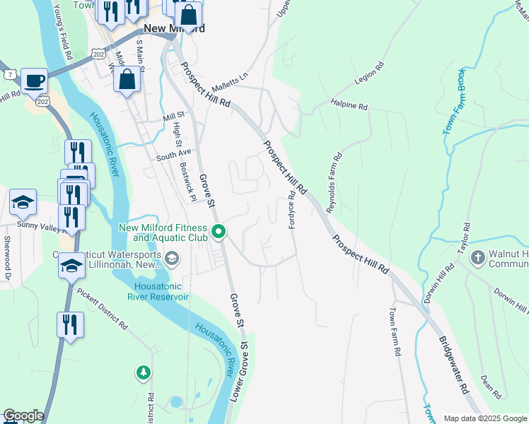 map of restaurants, bars, coffee shops, grocery stores, and more near 44 Valley Drive in New Milford