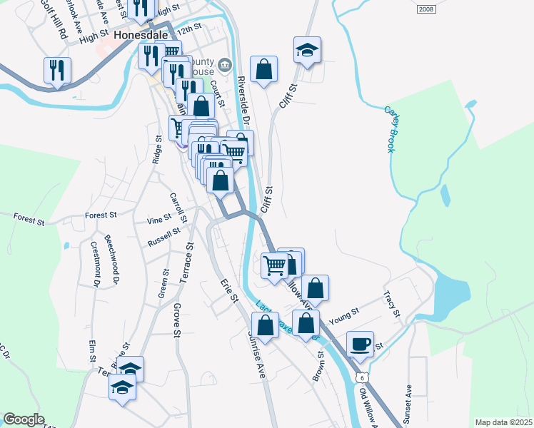 map of restaurants, bars, coffee shops, grocery stores, and more near 123 Willow Ave in Honesdale