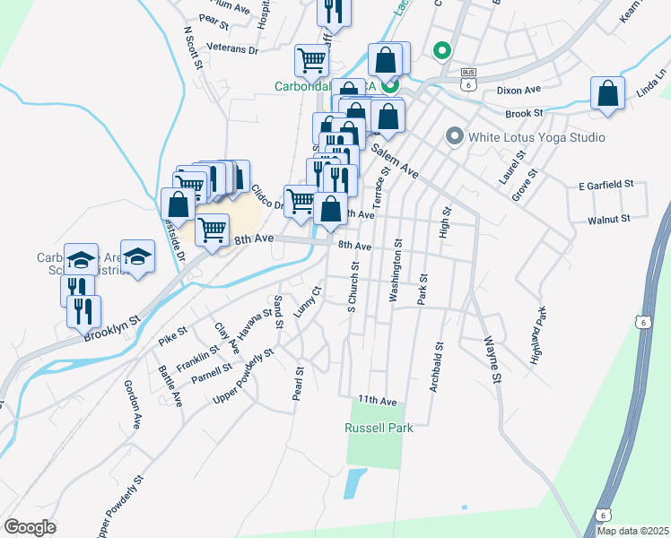 map of restaurants, bars, coffee shops, grocery stores, and more near 88 South Church Street in Carbondale