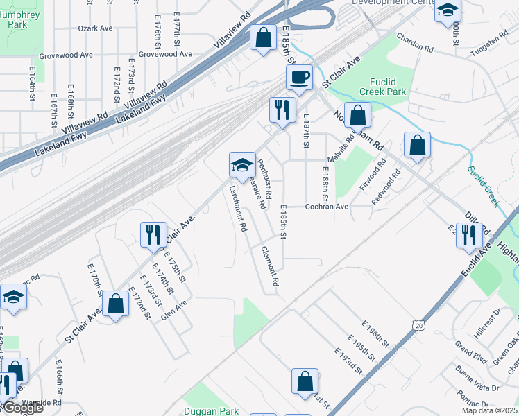 map of restaurants, bars, coffee shops, grocery stores, and more near 1440 Clermont Road in Cleveland