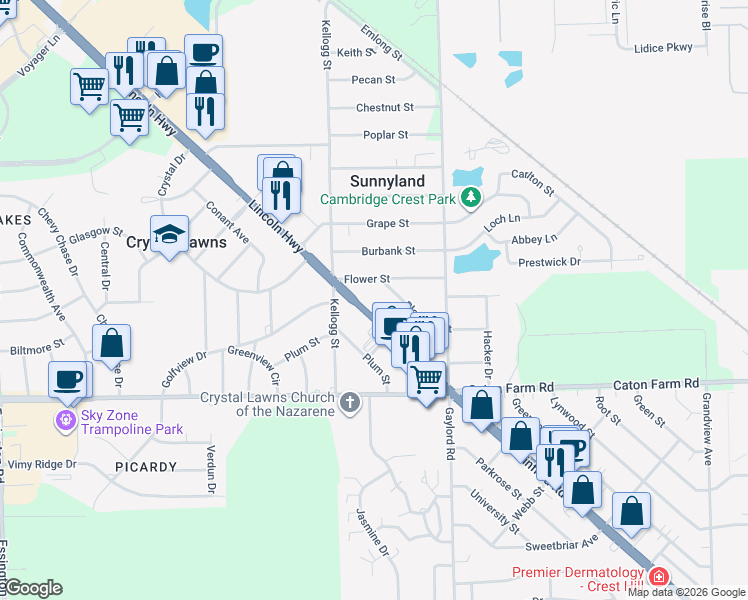map of restaurants, bars, coffee shops, grocery stores, and more near 2442 Plainfield Road in Joliet