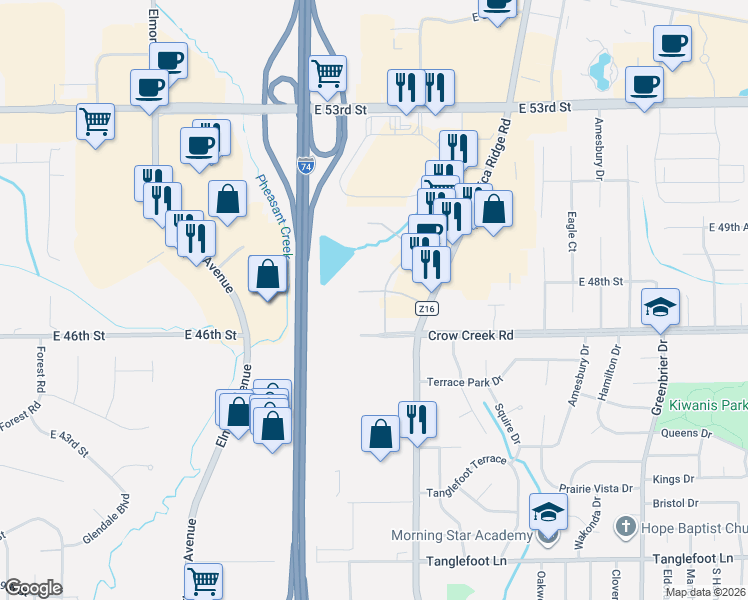 map of restaurants, bars, coffee shops, grocery stores, and more near 4626 Progress Drive in Davenport