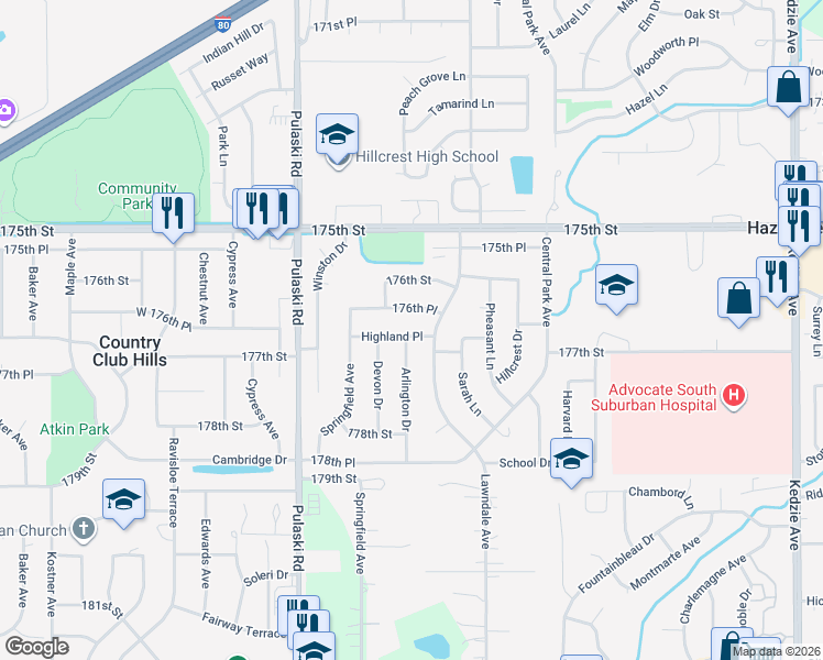 map of restaurants, bars, coffee shops, grocery stores, and more near 3740 Highland Place in Country Club Hills