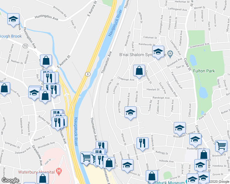 map of restaurants, bars, coffee shops, grocery stores, and more near 220 Lincoln Street in Waterbury