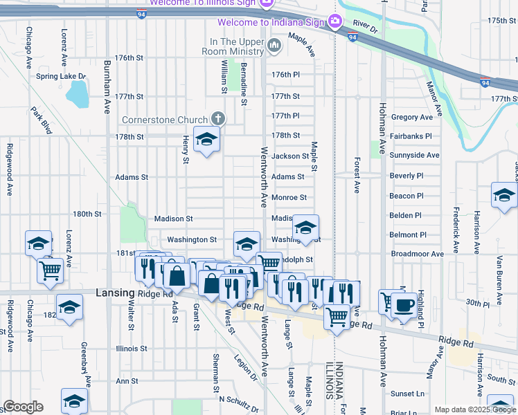 map of restaurants, bars, coffee shops, grocery stores, and more near 17948 Wentworth Avenue in Lansing