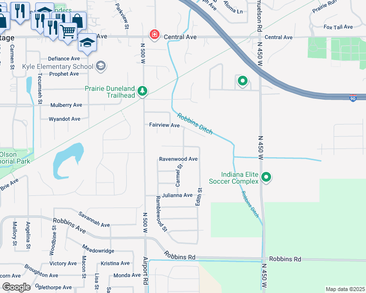 map of restaurants, bars, coffee shops, grocery stores, and more near 2862 Carmel Street in Portage