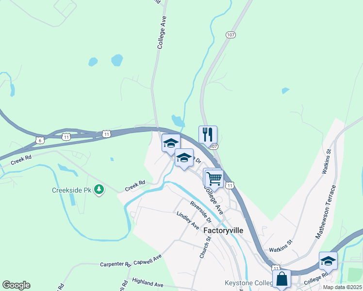 map of restaurants, bars, coffee shops, grocery stores, and more near 19 Donna Drive in Factoryville