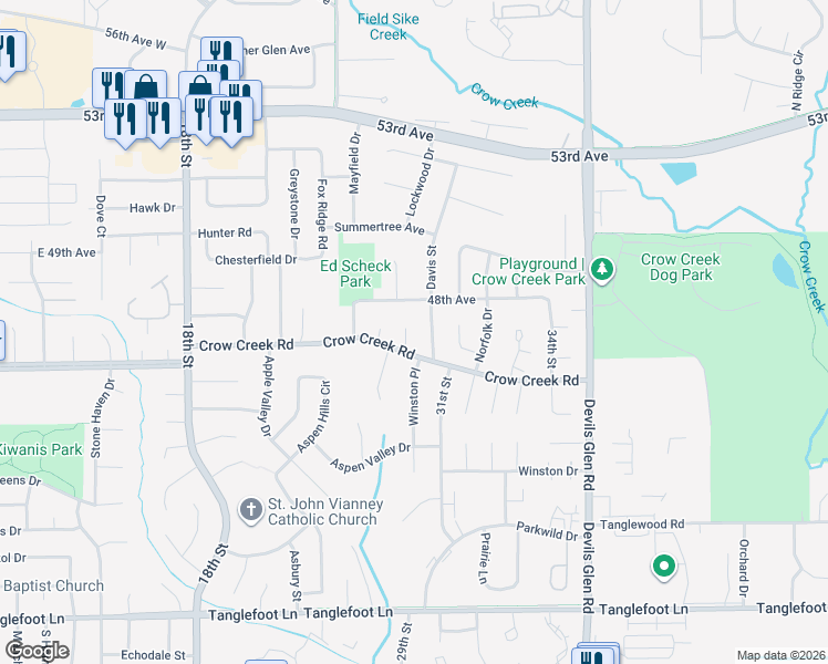 map of restaurants, bars, coffee shops, grocery stores, and more near 3057-3099 Crow Creek Road in Bettendorf