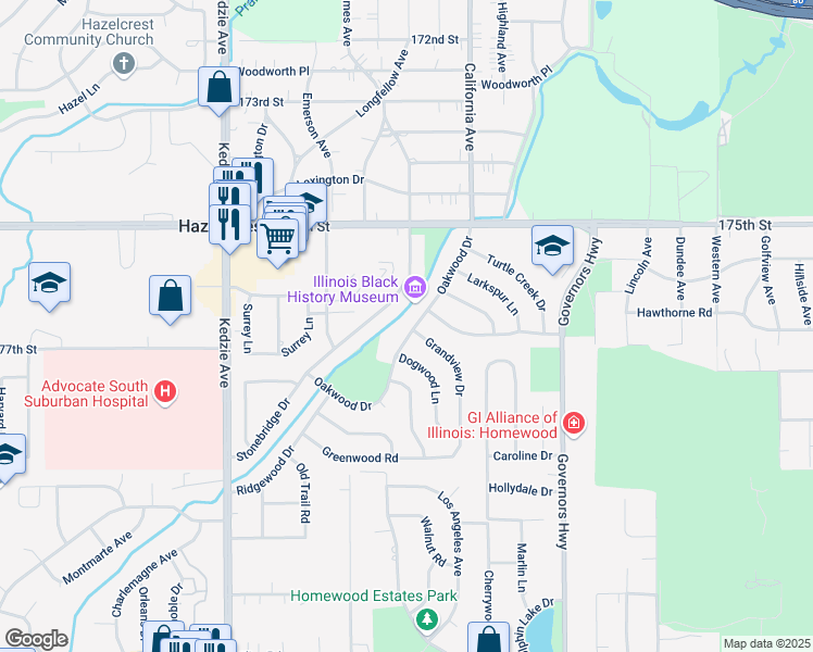 map of restaurants, bars, coffee shops, grocery stores, and more near 17616 Oakwood Drive in Hazel Crest