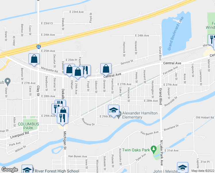 map of restaurants, bars, coffee shops, grocery stores, and more near 2715 Greene Street in Lake Station