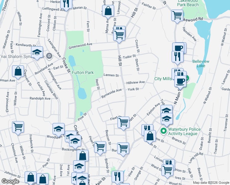 map of restaurants, bars, coffee shops, grocery stores, and more near 48 Pilgrim Avenue in Waterbury