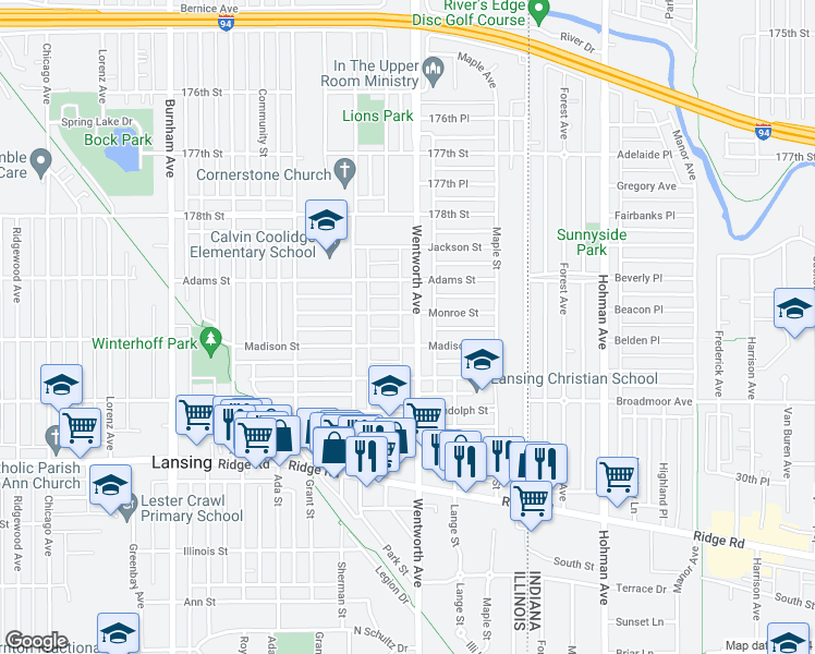 map of restaurants, bars, coffee shops, grocery stores, and more near 17948 Wentworth Avenue in Lansing