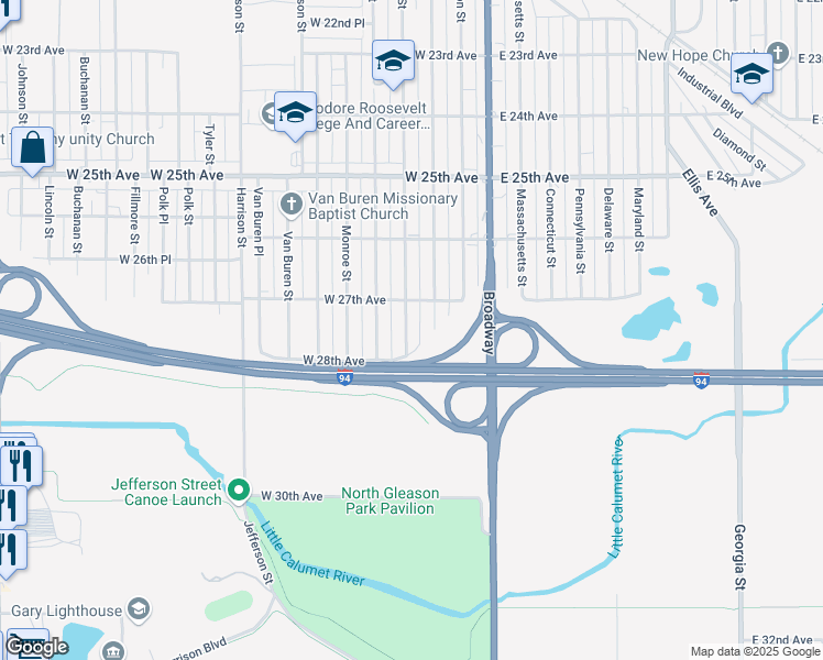 map of restaurants, bars, coffee shops, grocery stores, and more near 2745 Jefferson Street in Gary