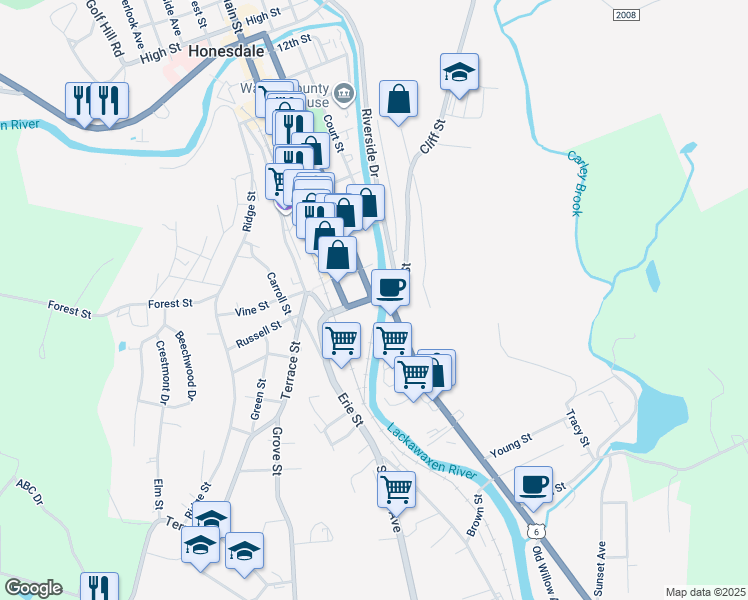 map of restaurants, bars, coffee shops, grocery stores, and more near 110 Pennsylvania 191 in Honesdale
