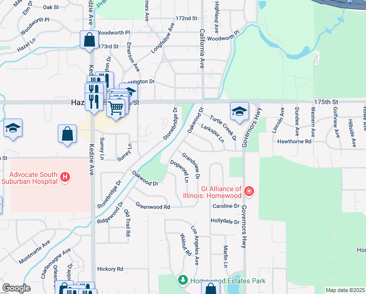 map of restaurants, bars, coffee shops, grocery stores, and more near 17607 Stonebridge Drive in Hazel Crest