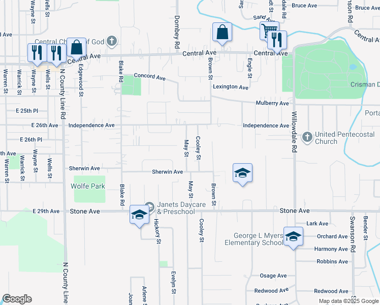 map of restaurants, bars, coffee shops, grocery stores, and more near 2871 May Street in Portage