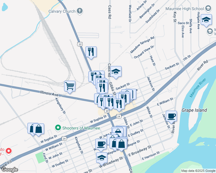 map of restaurants, bars, coffee shops, grocery stores, and more near 811 Gibbs Street in Maumee