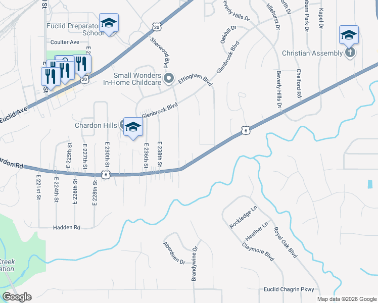 map of restaurants, bars, coffee shops, grocery stores, and more near 1755 Sherwood Boulevard in Euclid
