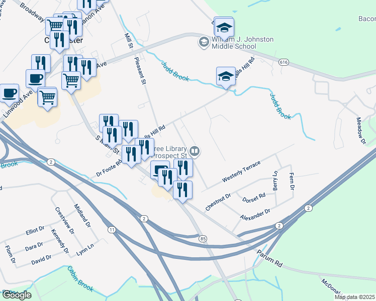 map of restaurants, bars, coffee shops, grocery stores, and more near 40 Prospect Street in Colchester