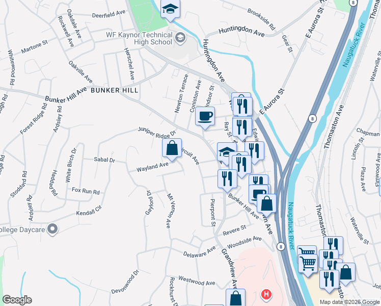 map of restaurants, bars, coffee shops, grocery stores, and more near 283 Bunker Hill Avenue in Waterbury