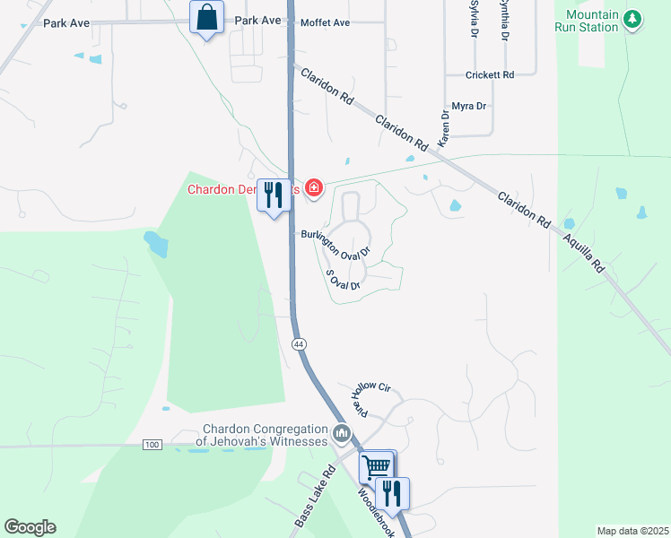 map of restaurants, bars, coffee shops, grocery stores, and more near 101 Burlington Oval Drive in Chardon