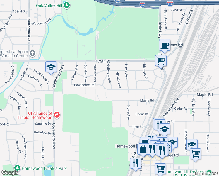 map of restaurants, bars, coffee shops, grocery stores, and more near 17609 Washington Avenue in Homewood