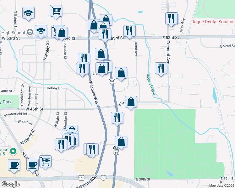 map of restaurants, bars, coffee shops, grocery stores, and more near 4647 Brady Street in Davenport