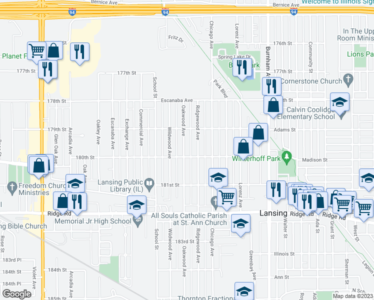 map of restaurants, bars, coffee shops, grocery stores, and more near 17947 Oakwood Avenue in Lansing
