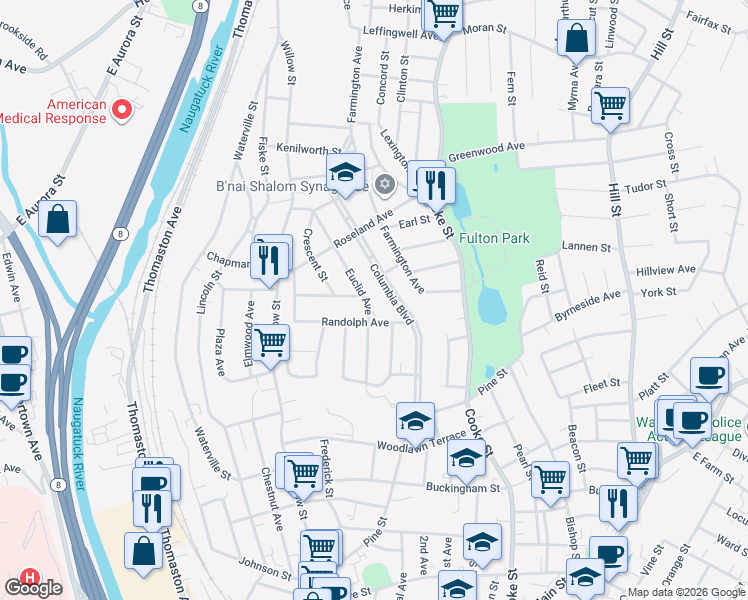 map of restaurants, bars, coffee shops, grocery stores, and more near 148 Columbia Boulevard in Waterbury
