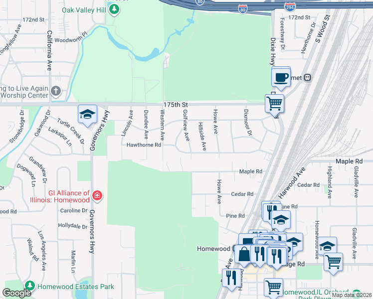map of restaurants, bars, coffee shops, grocery stores, and more near 17609 Washington Avenue in Homewood